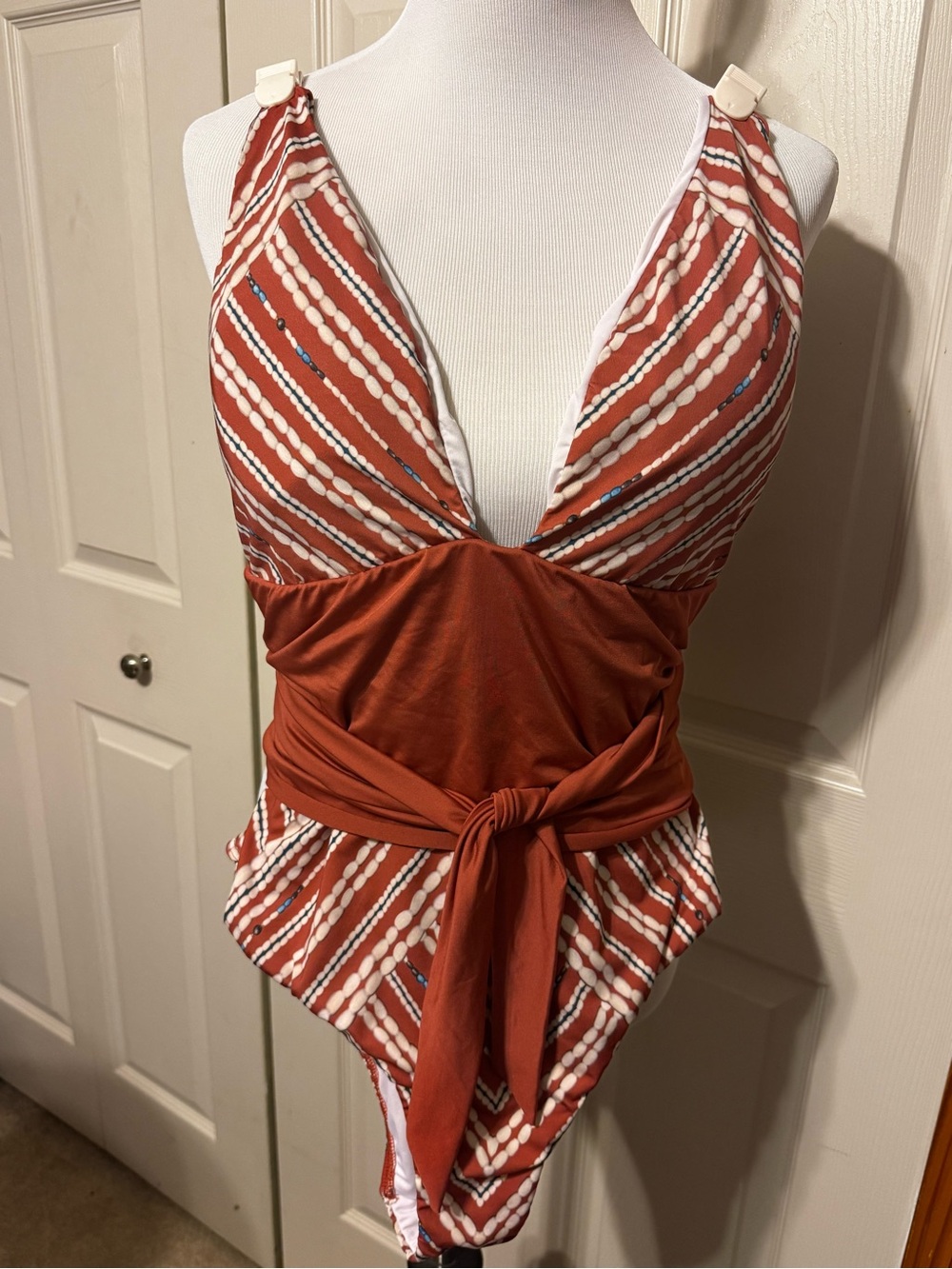 VENUS Rust and White Striped Wrap Women’s One-Piece Swimsuit